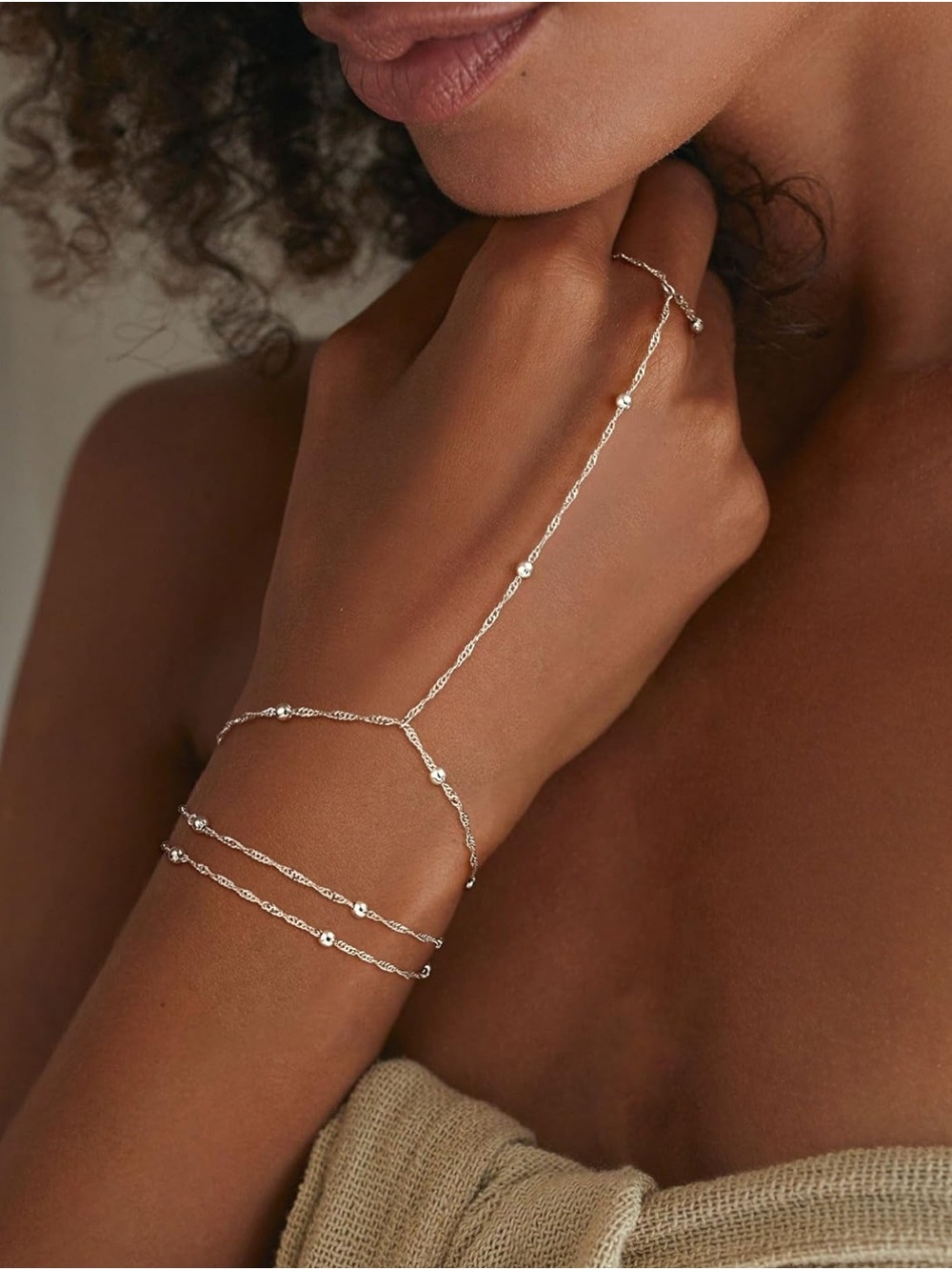 Minimalist Silver Hand Chain Bracelet with Beaded Links